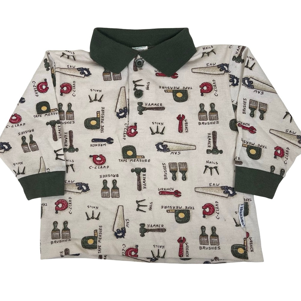 Vintage Healthtex Kids Boys 2T Long Sleeve Polo Shirt‎ Tools Print Green 90s